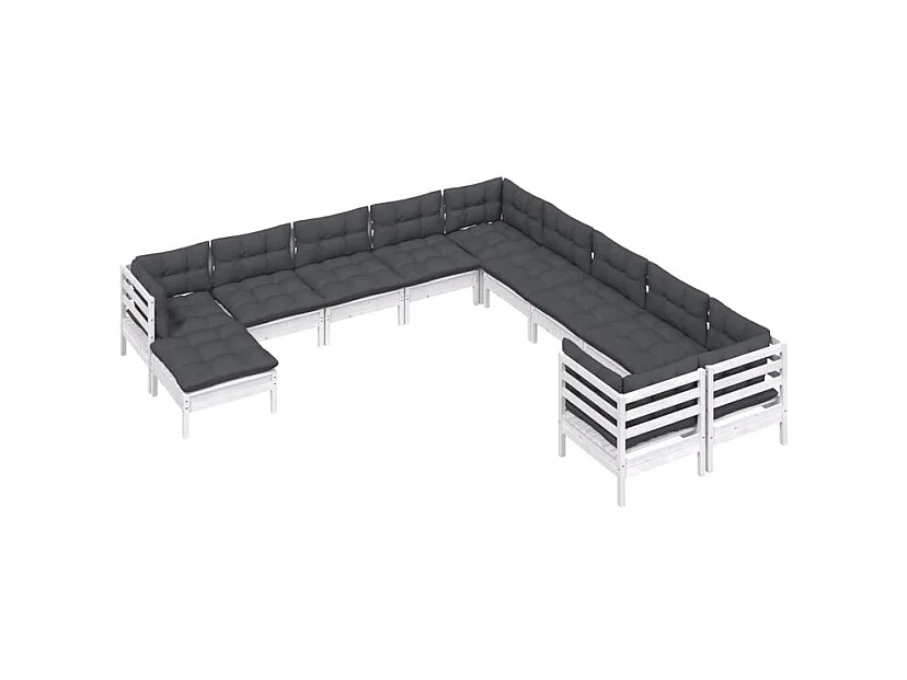 Salon de jardin 11 pcs avec coussins blanc bois de pin
