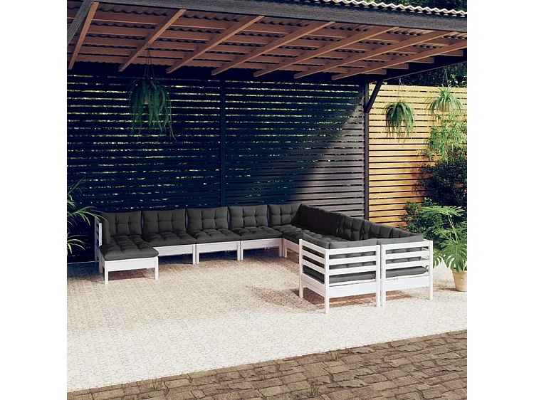 Salon de jardin 11 pcs avec coussins blanc bois de pin