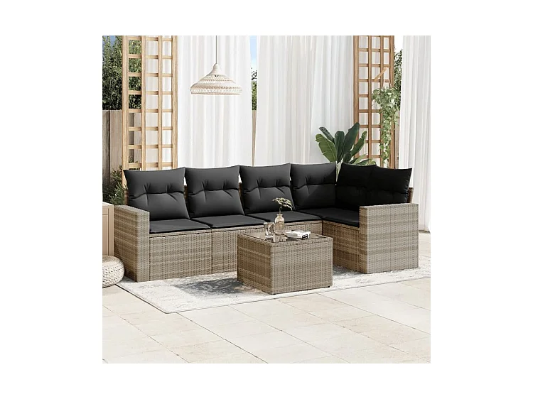 Salon de jardin 6 pcs avec coussins gris clair résine tressée