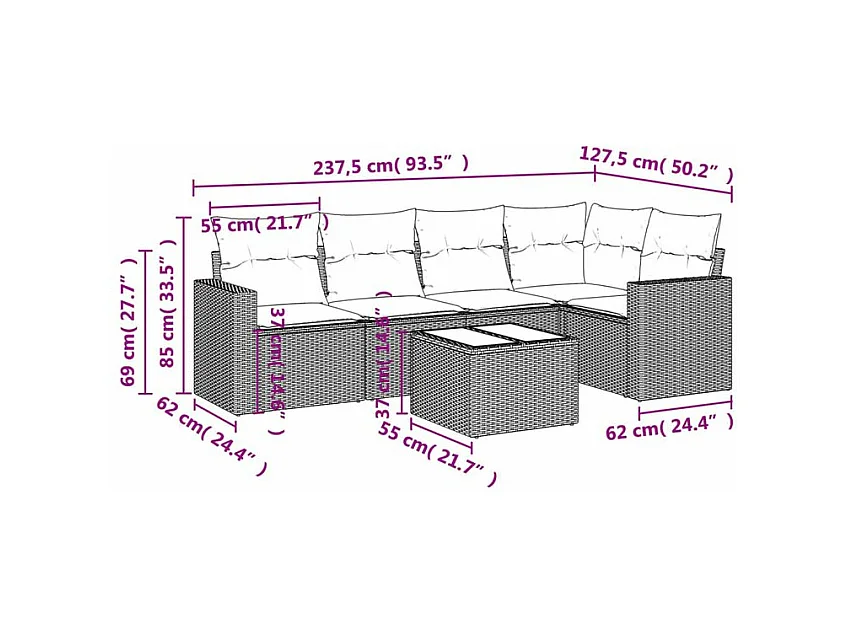 Salon de jardin 6 pcs avec coussins gris clair résine tressée