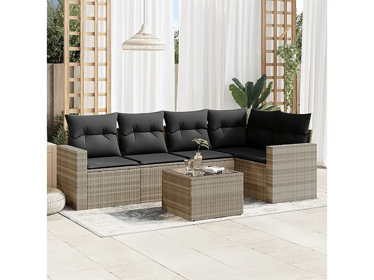 Salon de jardin 6 pcs avec coussins gris clair résine tressée
