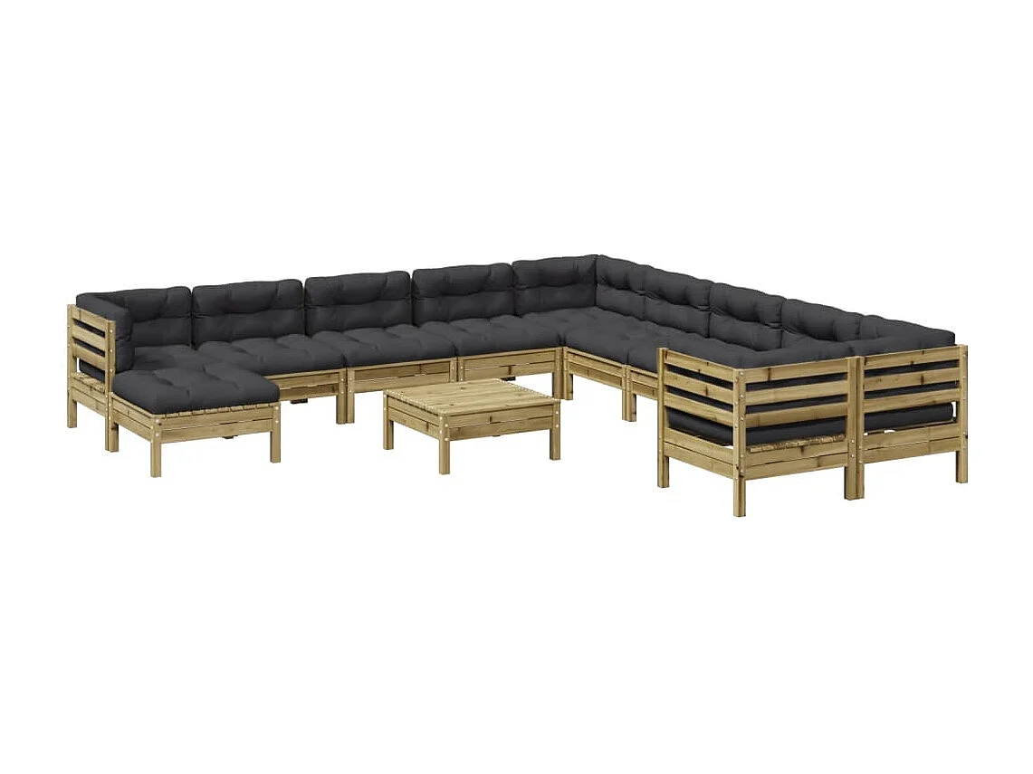 Salon de jardin avec coussins 12 pcs bois de pin imprégné