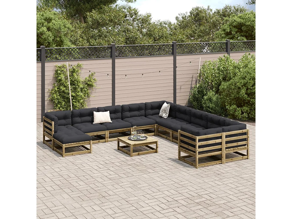 Salon de jardin avec coussins 12 pcs bois de pin imprégné