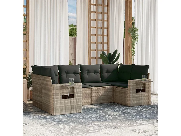 Salon de jardin 6 pcs avec coussins gris clair résine tressée