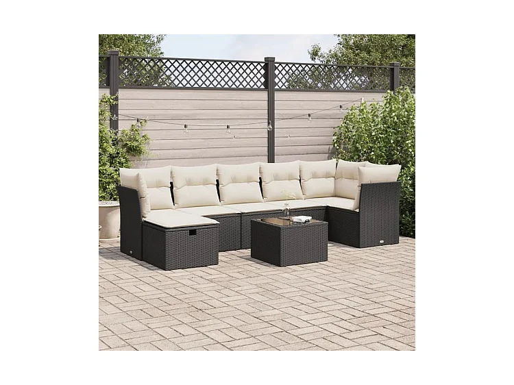 Salon de jardin 8 pcs avec coussins noir résine tressée