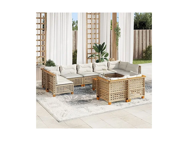 Salon de jardin avec coussins 10 pcs beige résine tressée