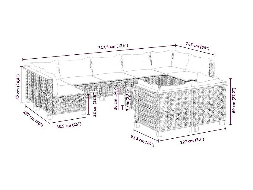 Salon de jardin avec coussins 10 pcs beige résine tressée