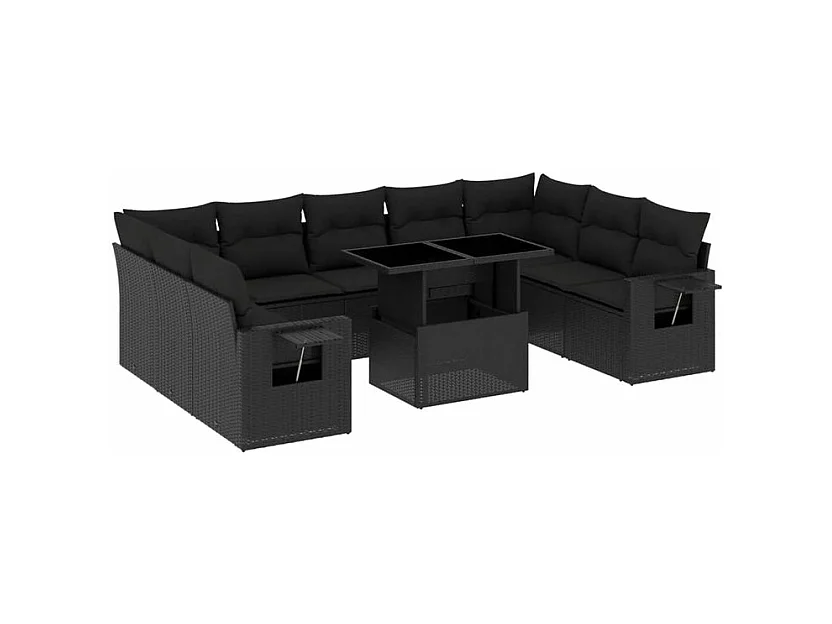 Salon de jardin 10 pcs avec coussins noir résine tressée