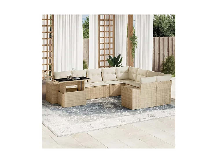 Salon de jardin avec coussins 10 pcs beige résine tressée