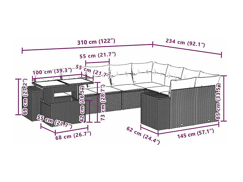 Salon de jardin avec coussins 10 pcs beige résine tressée