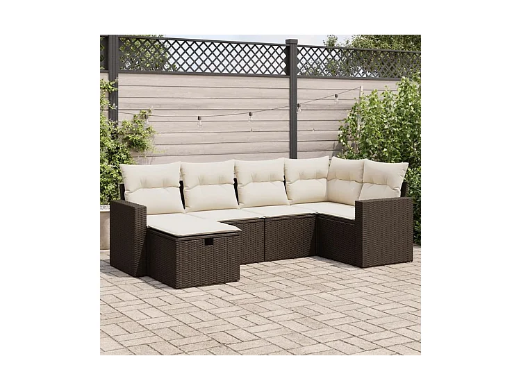 Salon de jardin avec coussins 6 pcs marron résine tressée