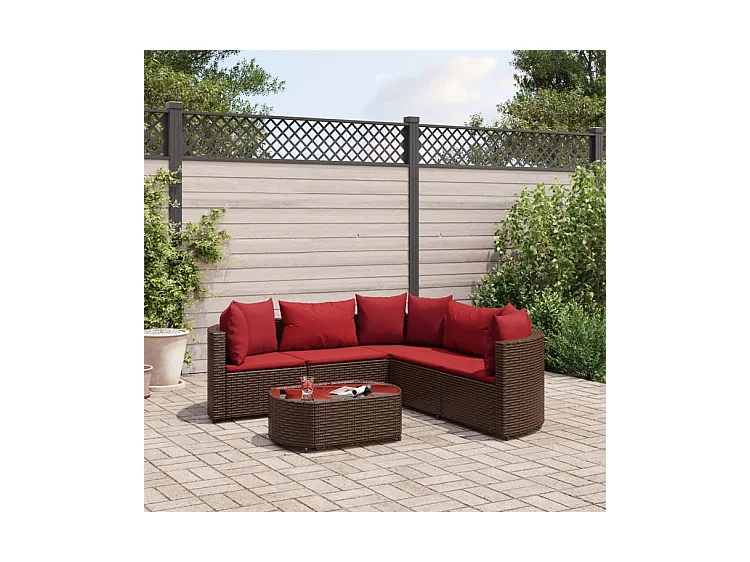 Salon de jardin avec coussins 6 pcs marron résine tressée