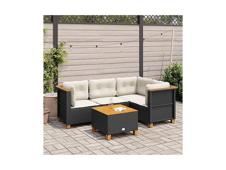 Salon de jardin 5 pcs avec coussins noir résine tressée