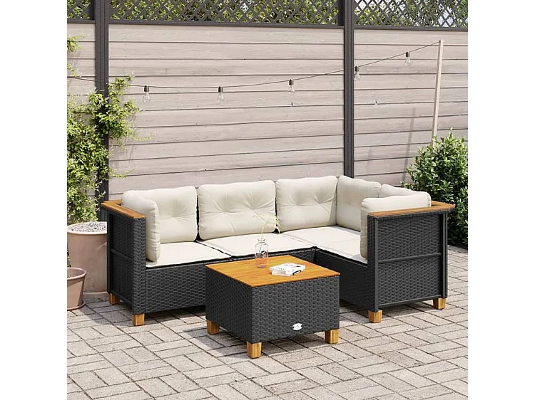 Salon de jardin 5 pcs avec coussins noir résine tressée