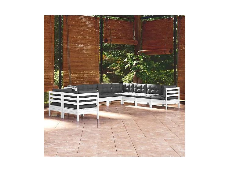Salon de jardin 9 pcs avec coussins blanc bois de pin massif