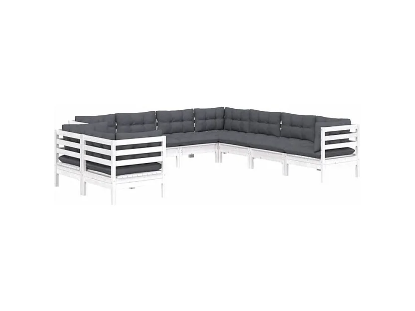 Salon de jardin 9 pcs avec coussins blanc bois de pin massif