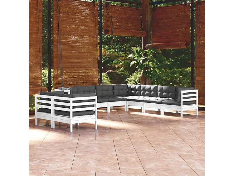 Salon de jardin 9 pcs avec coussins blanc bois de pin massif