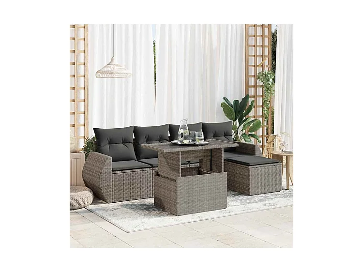 Salon de jardin 6 pcs avec coussins gris résine tressée