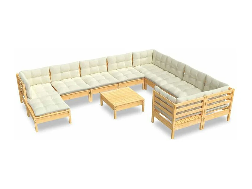 Salon de jardin 11 pcs avec coussins crème Bois de pin