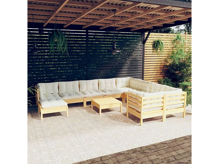 Salon de jardin 11 pcs avec coussins crème Bois de pin