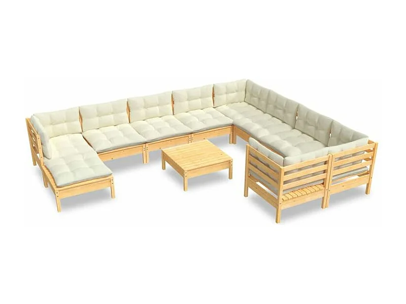 Salon de jardin 11 pcs avec coussins crème Bois de pin