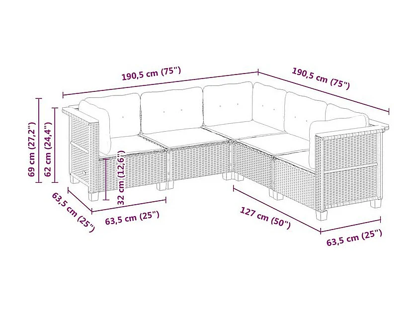 Salon de jardin 5 pcs avec coussins noir résine tressée
