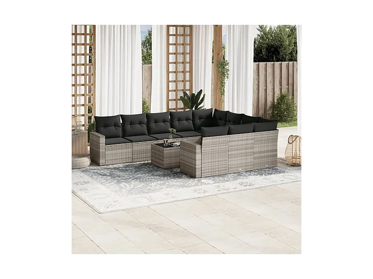 Salon de jardin 11 pcs avec coussins gris clair résine tressée