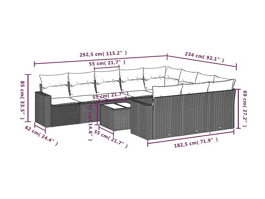 Salon de jardin 11 pcs avec coussins gris clair résine tressée