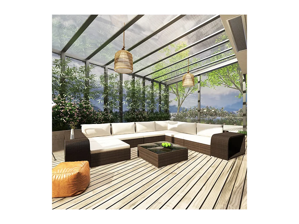 Salon de jardin 10 pcs avec coussins Résine tressée Marron 23