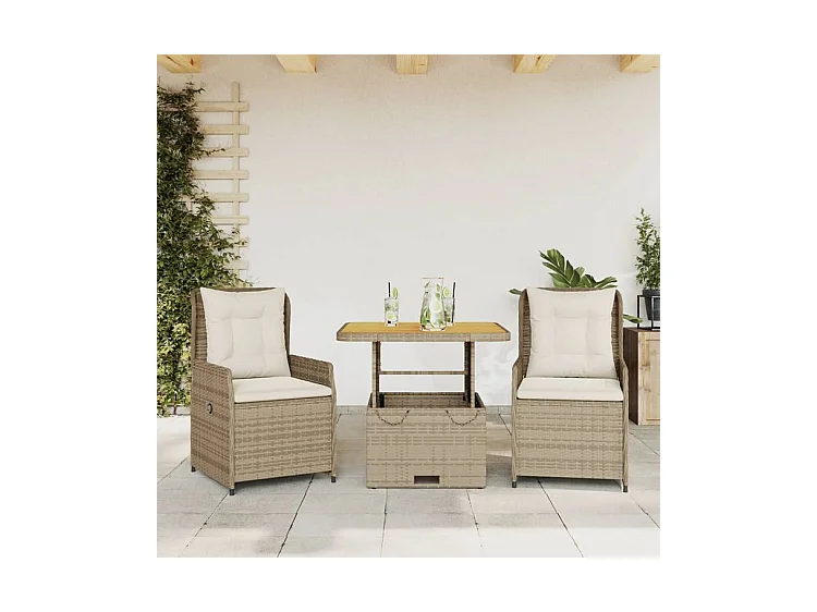 Ensemble de bistro 3 pcs avec coussins beige résine tressée