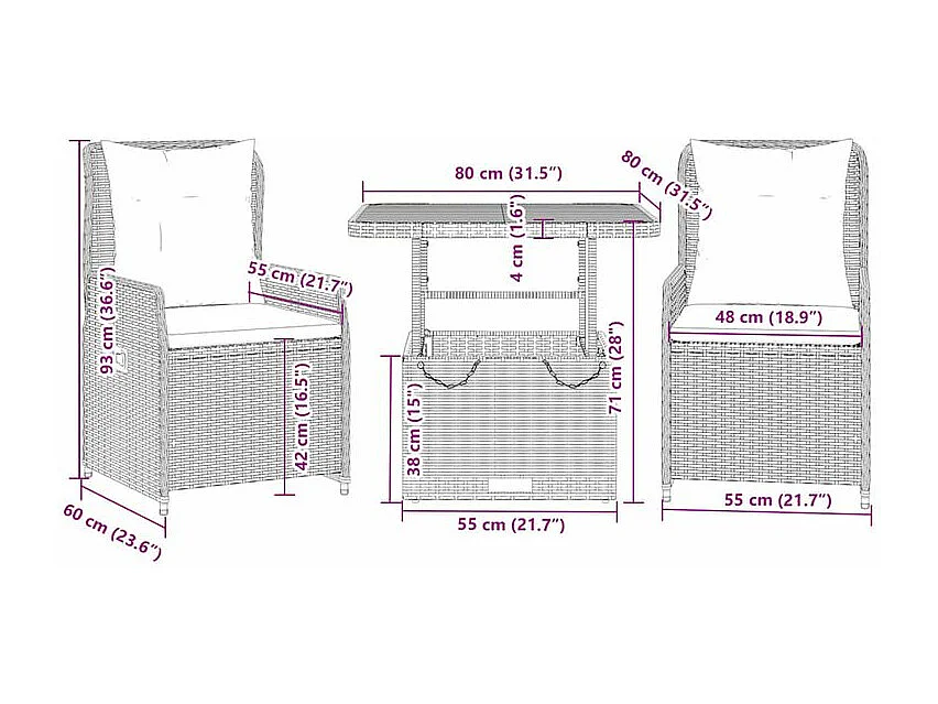 Ensemble de bistro 3 pcs avec coussins beige résine tressée