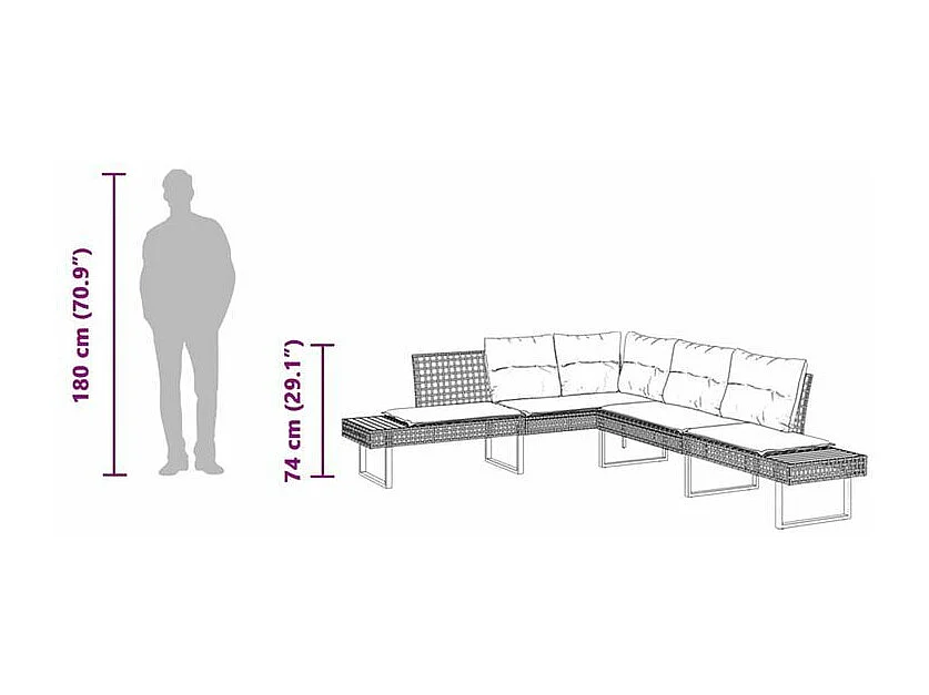 Canapé de jardin avec coussins en forme de L gris rotin acacia