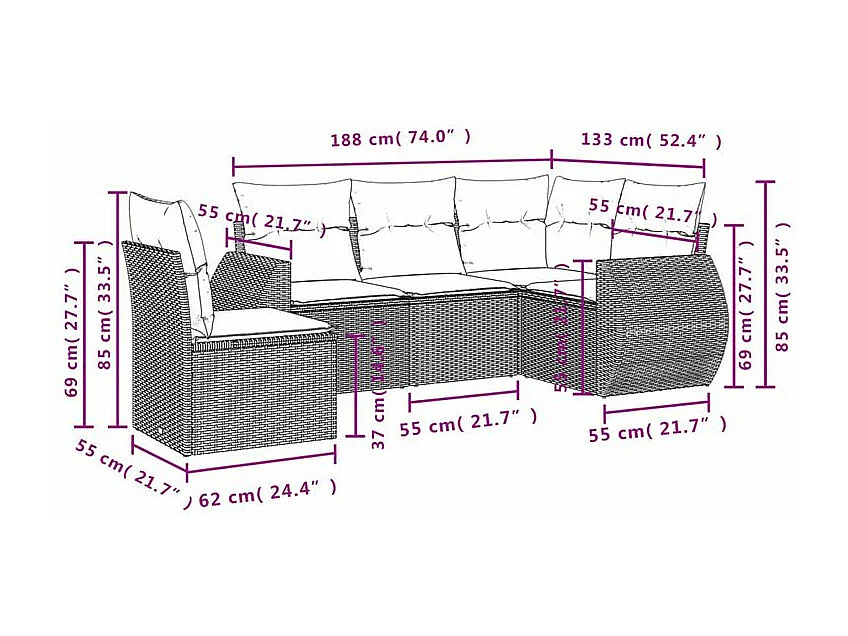 Salon de jardin 5 pcs avec coussins gris clair résine tressée