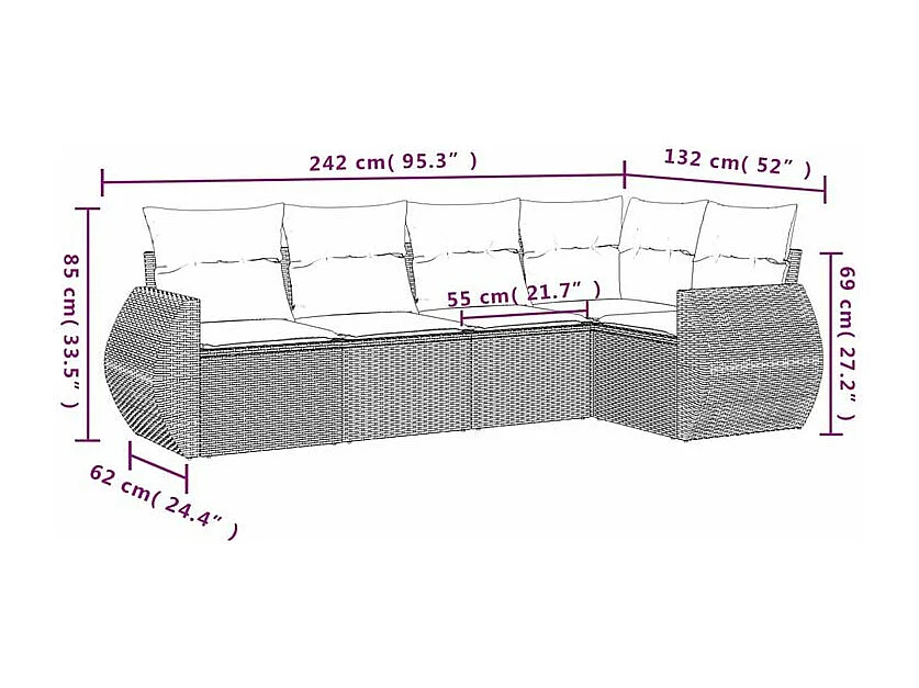 Salon de jardin avec coussins 5 pcs marron résine tressée