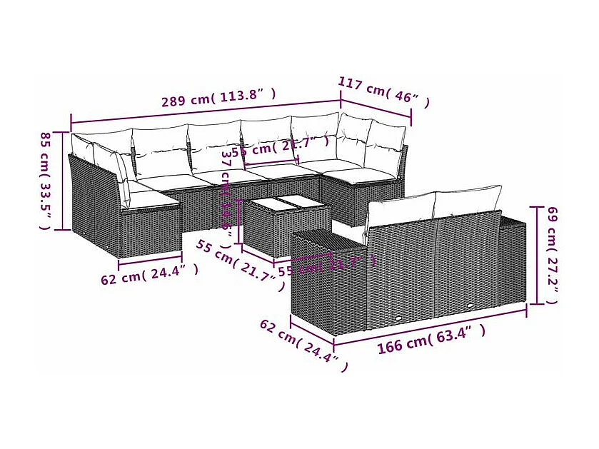 Salon de jardin avec coussins 10 pcs gris clair résine tressée