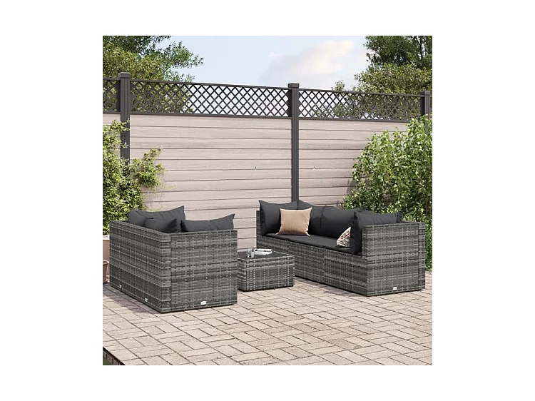 Salon de jardin 6 pcs avec coussins Gris Résine tressée