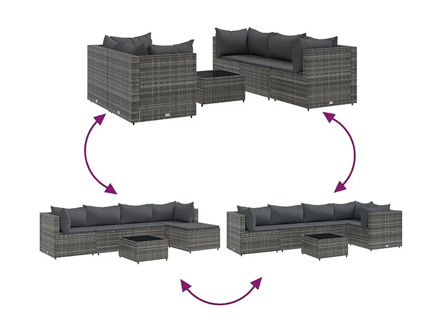 Salon de jardin 6 pcs avec coussins Gris Résine tressée