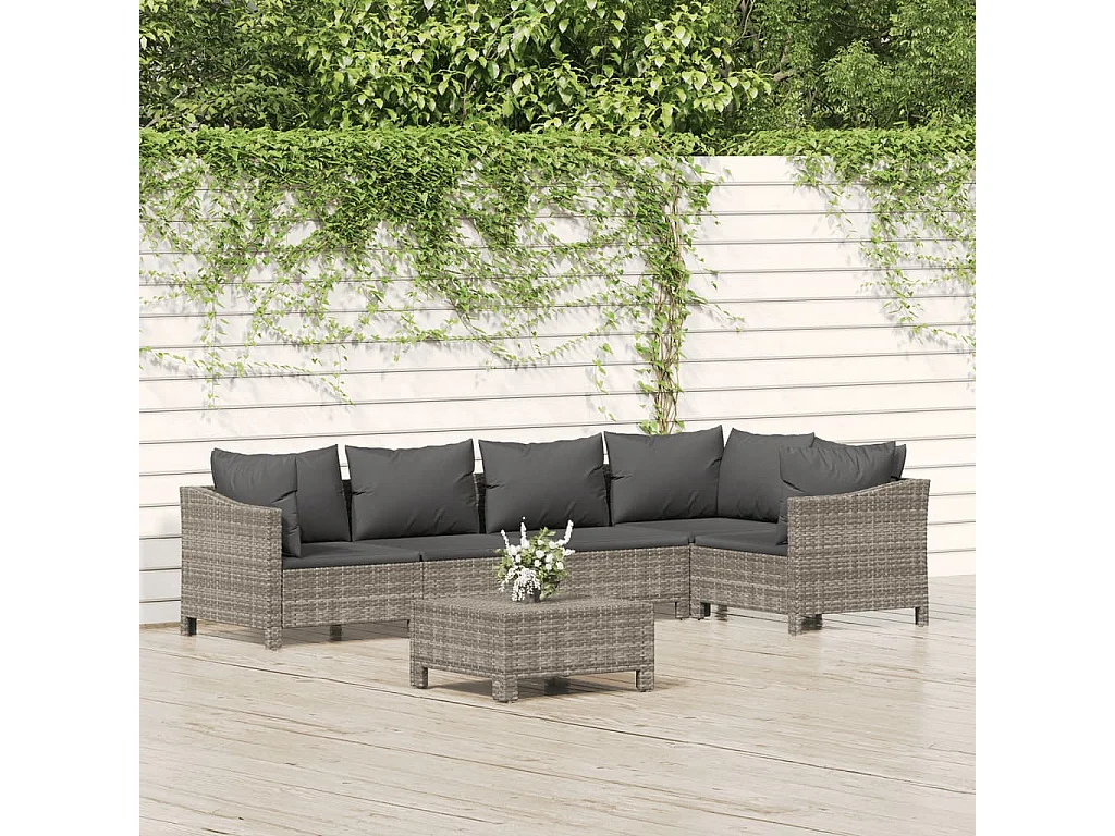 Salon de jardin 6 pcs avec coussins Gris Résine tressée