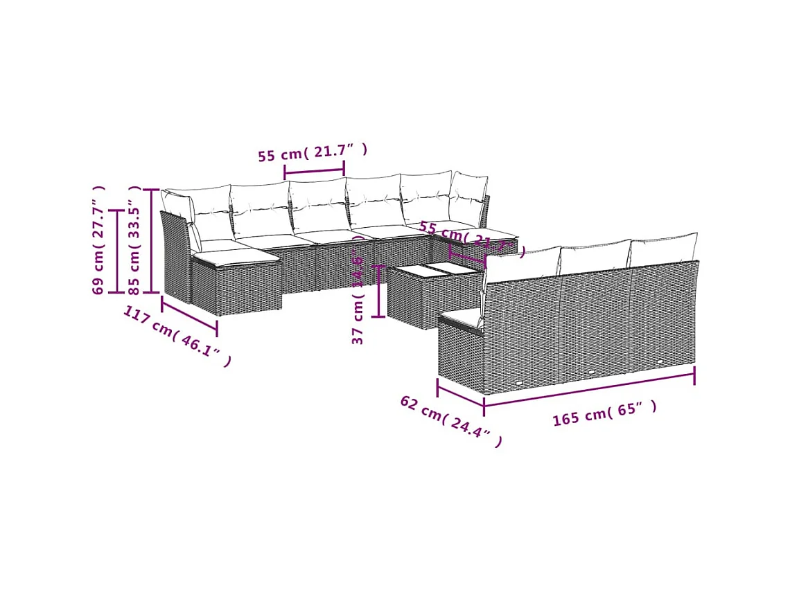 Salon de jardin 11 pcs avec coussins beige résine tressée