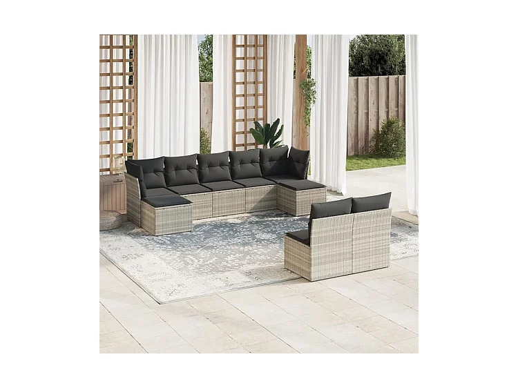 Salon de jardin 9 pcs avec coussins gris clair résine tressée