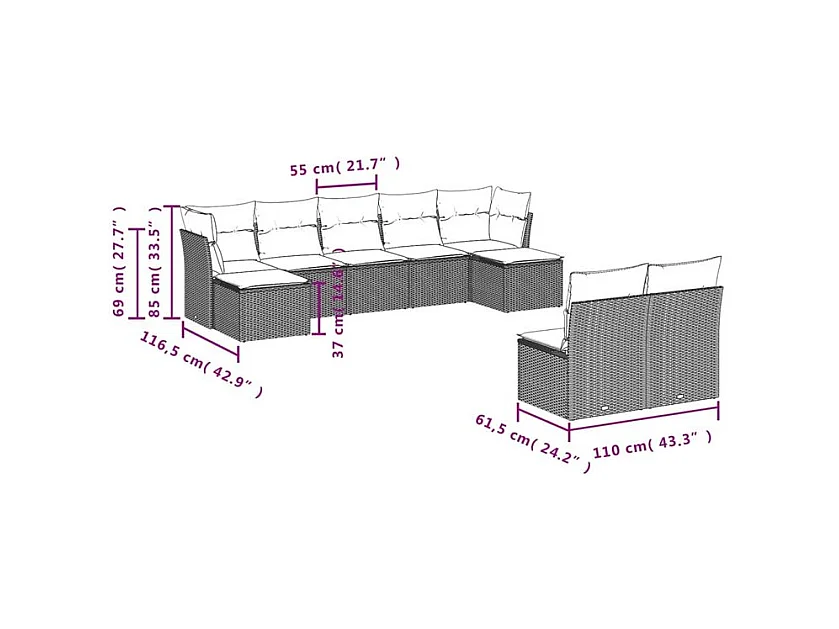 Salon de jardin 9 pcs avec coussins gris clair résine tressée