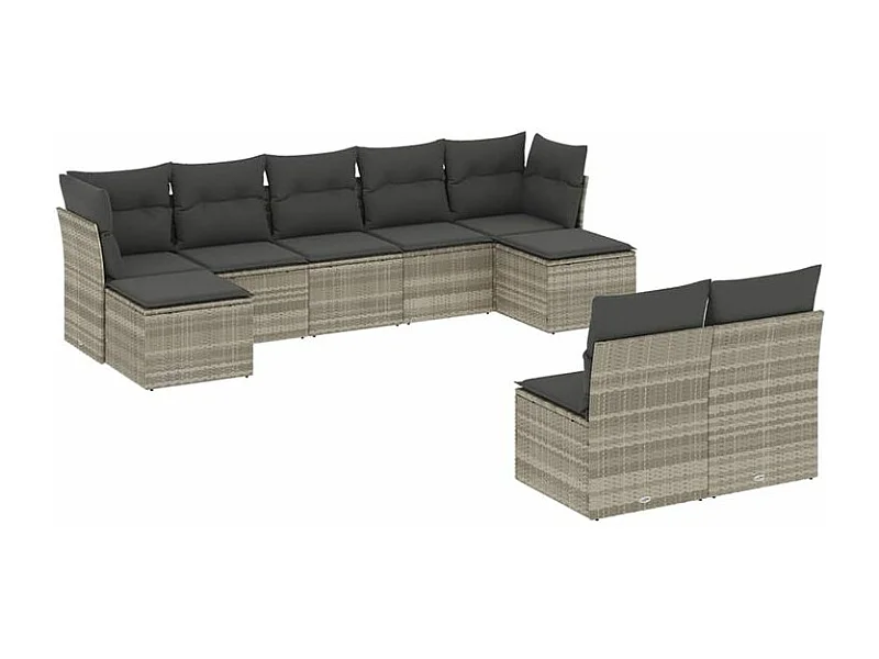 Salon de jardin 9 pcs avec coussins gris clair résine tressée