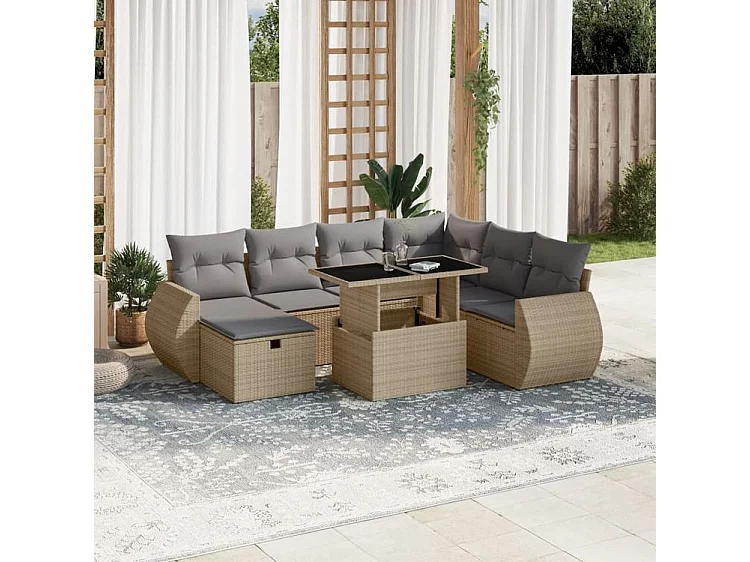 Salon de jardin avec coussins 8 pcs beige résine tressée