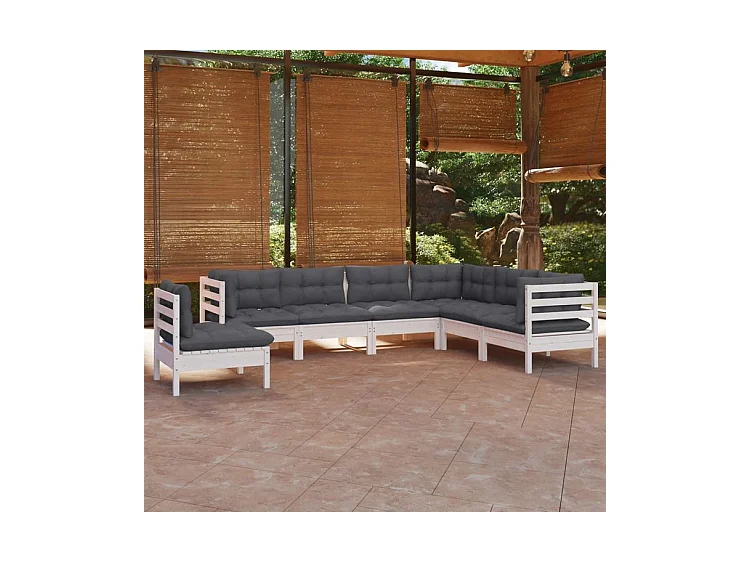 Salon de jardin 7 pcs avec coussins blanc bois de pin solide