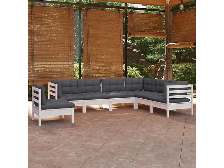 Salon de jardin 7 pcs avec coussins blanc bois de pin solide