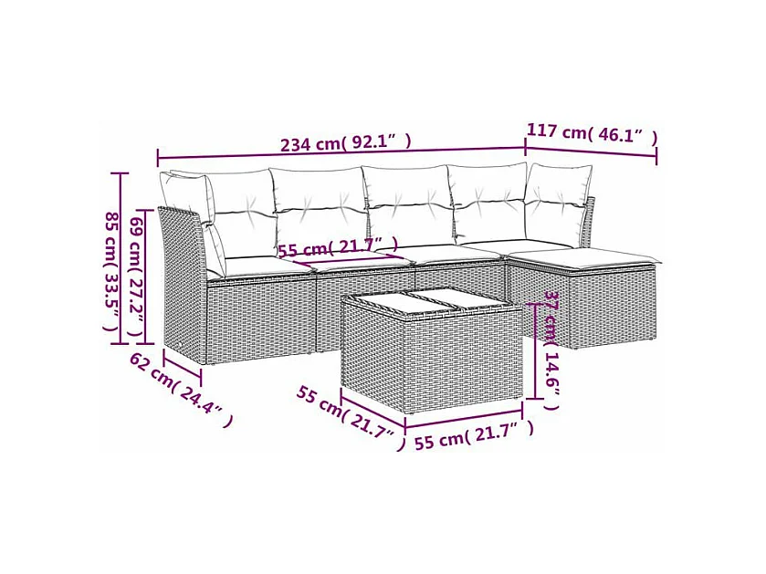 Salon de jardin avec coussins 6 pcs marron résine tressée