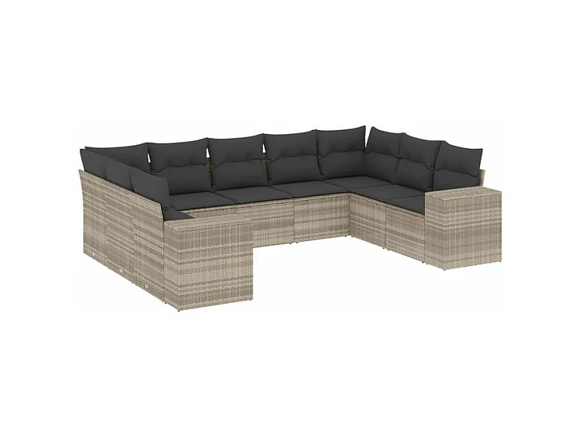 Salon de jardin 9 pcs avec coussins gris clair résine tressée