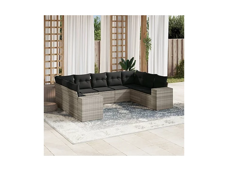 Salon de jardin 9 pcs avec coussins gris clair résine tressée