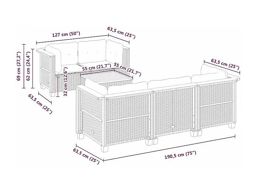 Salon de jardin avec coussins 6 pcs beige résine tressée