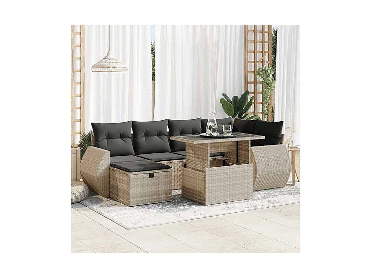 Salon de jardin avec coussins 7 pcs gris clair résine tressée